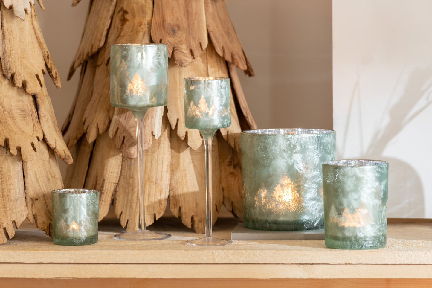 Windlicht Boom Glas Groen/Zilver Large