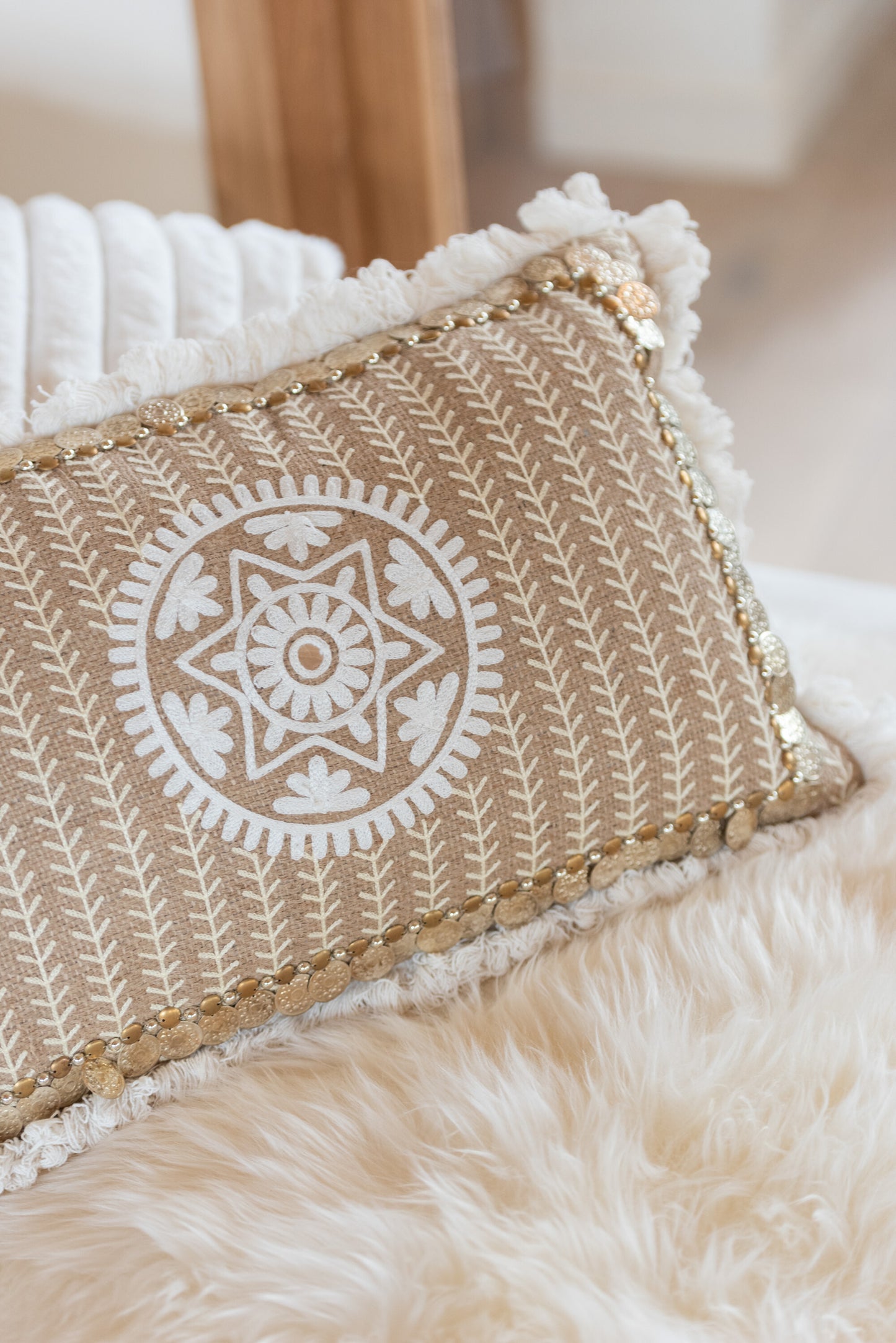 Kussen Rechthoekig Patroon Met Muntjes Jute Naturel/Beige
