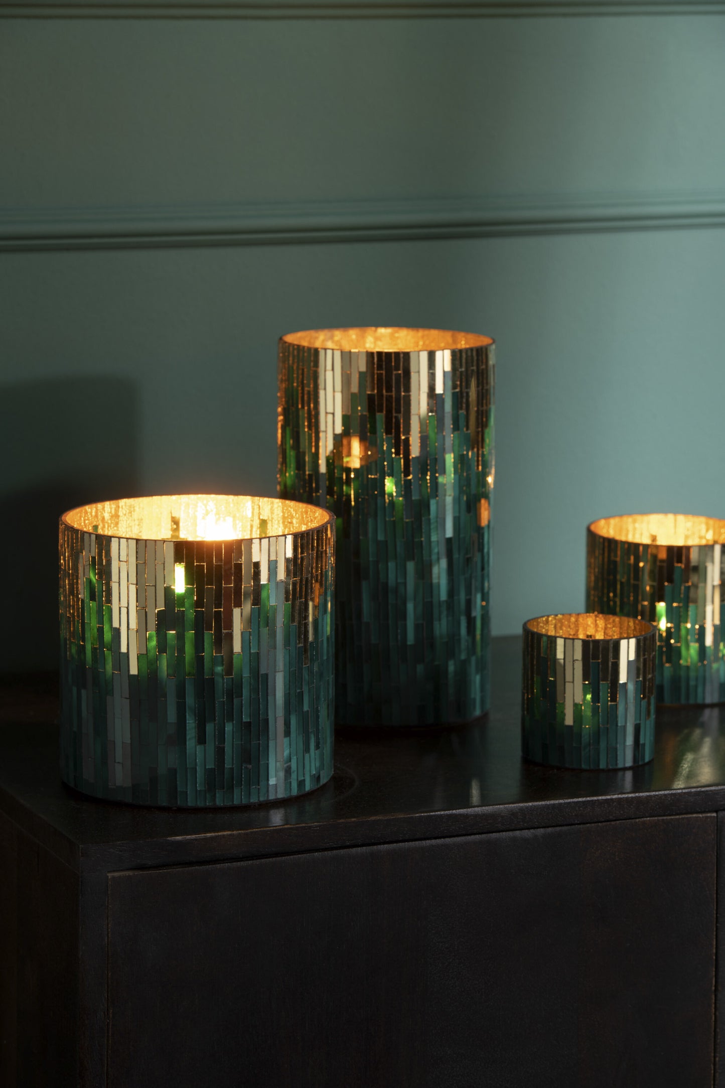 Windlicht Mozaiek Cilinder Groen/Goud Medium