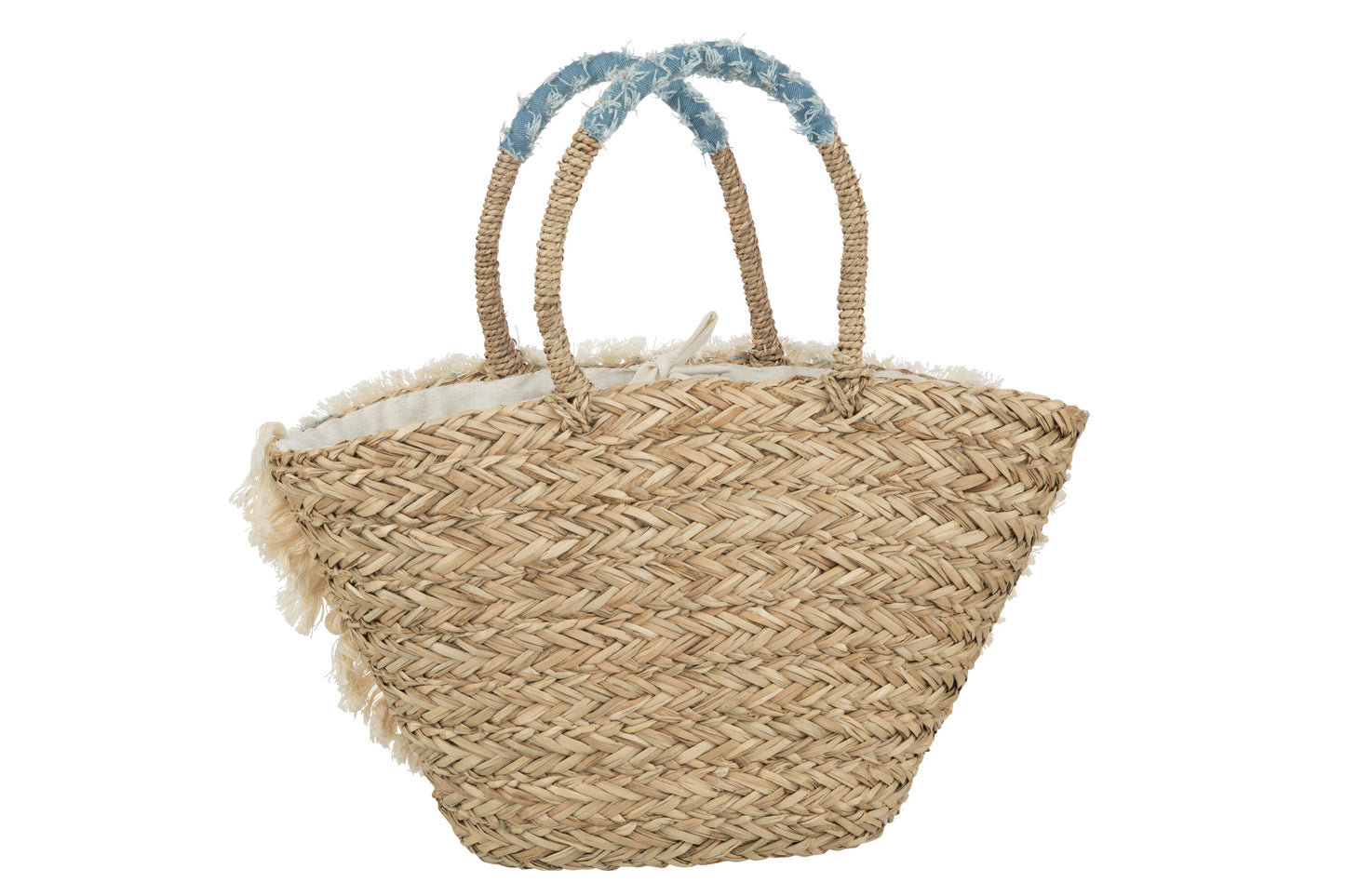 Strandtas Bloemen+Franjes Denim Zeegras Nat/Blauw