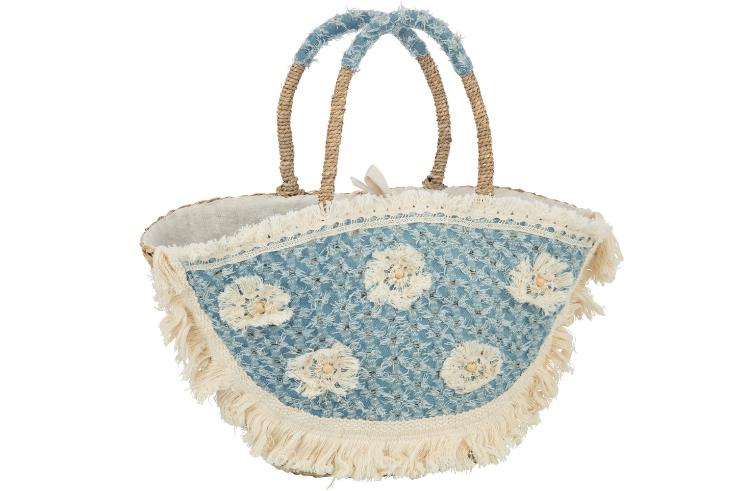 Strandtas Bloemen+Franjes Denim Zeegras Nat/Blauw