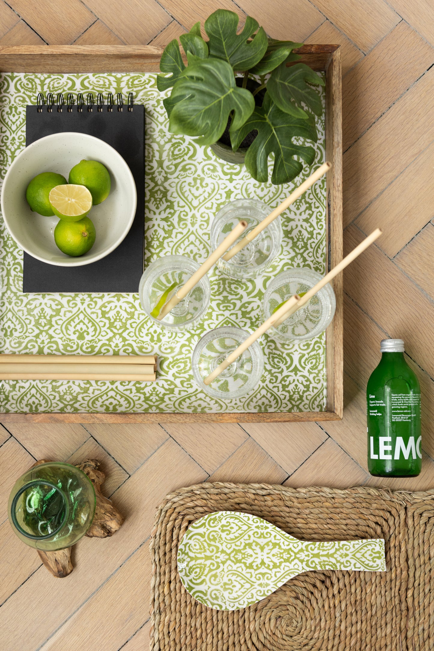 Plateau Vierkant Patroon Mango Hout Groen/Wit