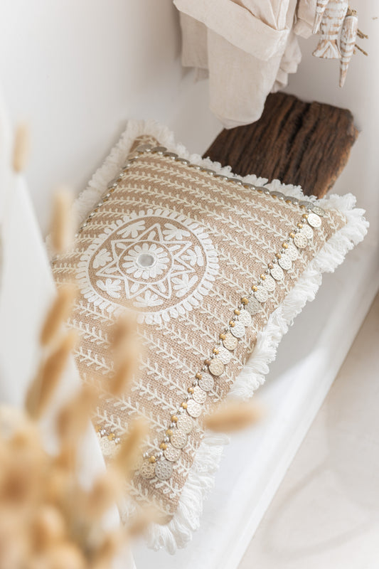 Kussen Rechthoekig Patroon Met Muntjes Jute Naturel/Beige