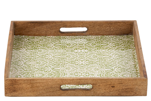 Plateau Vierkant Patroon Mango Hout Groen/Wit